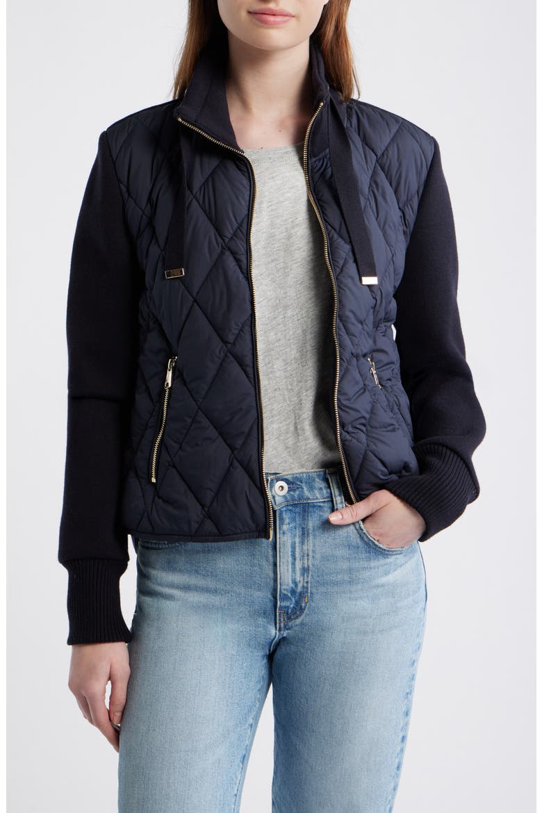 Mixed Media Quilt Front Sweater Jacket, Main, color, NAVY
