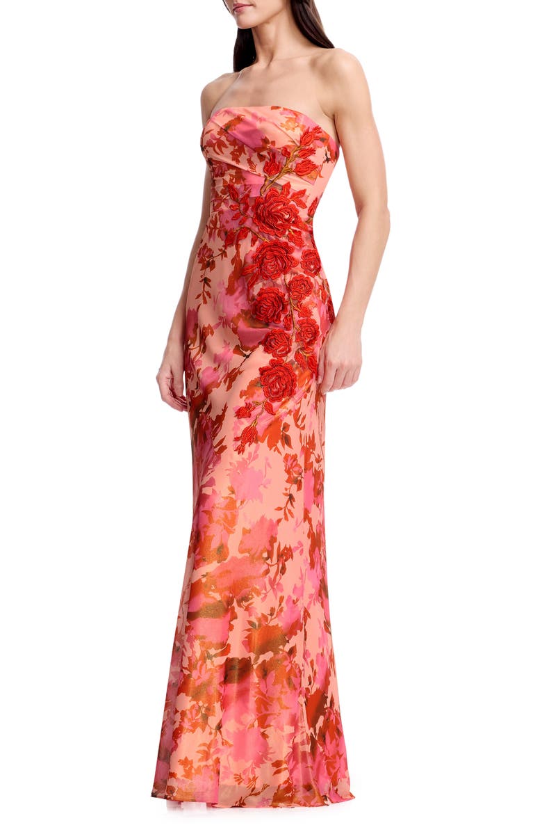 Dress the Population Kinley Floral Appliqué Strapless Gown, Alternate, color, Peach Multi