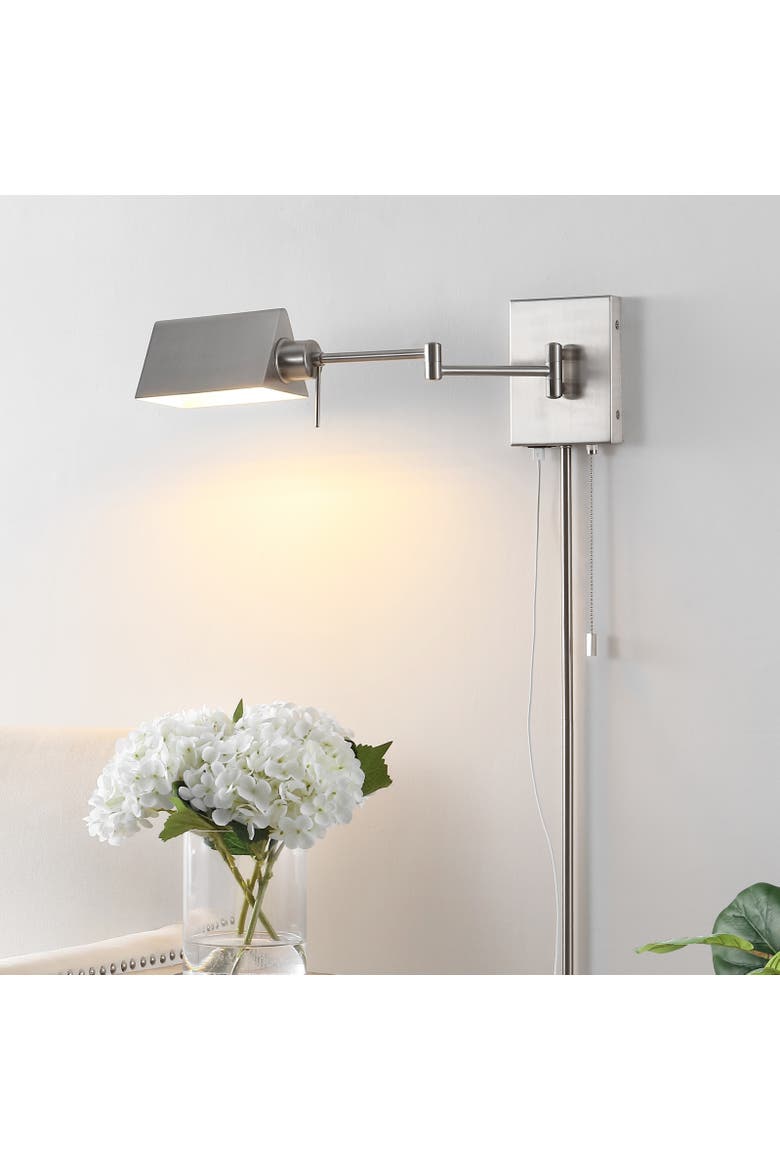 Arlo 1-Light Farmhouse Industrial Single Swing Arm Plug-In or Hardwired Iron LED Wall Sconce with Pull-Chain USB Charging Port, Alternate, color, Nickel