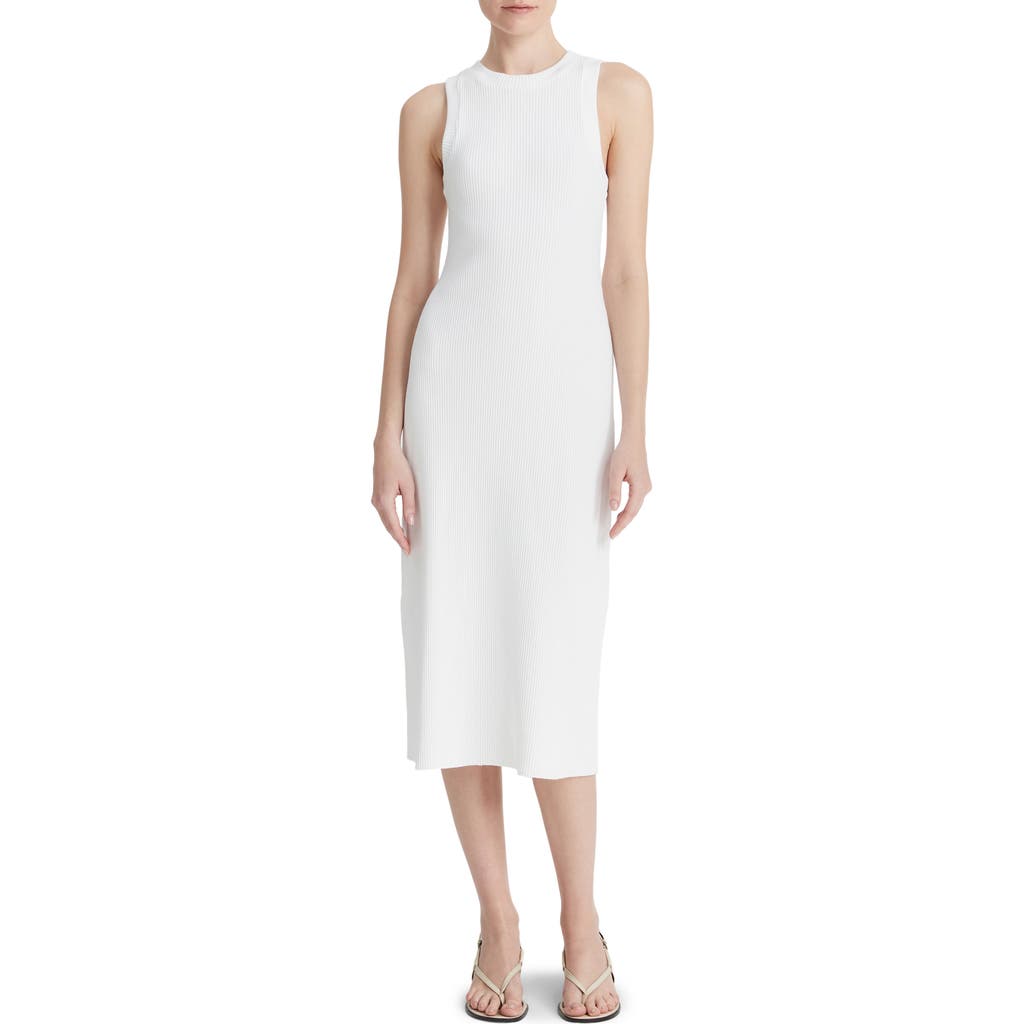 Vince Flared-hem Rib-knit Cotton-blend Jersey Midi Dress In Optic White