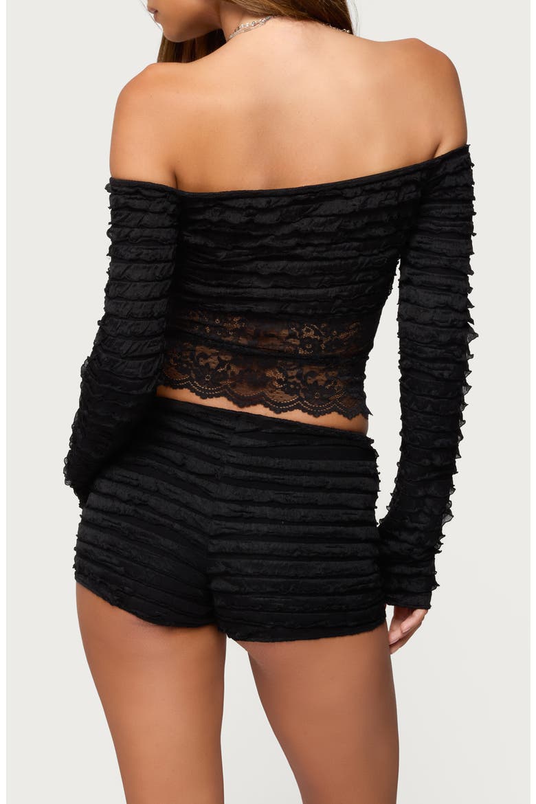 Tauri Ruffle Lace Off the Shoulder Top, Alternate, color, BLACK