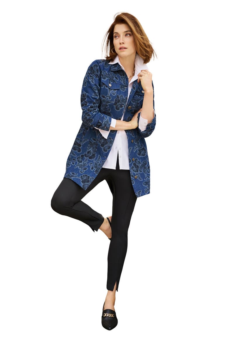 Long Denim Jacket, Main, color, INDIGO ROSE SCROLL