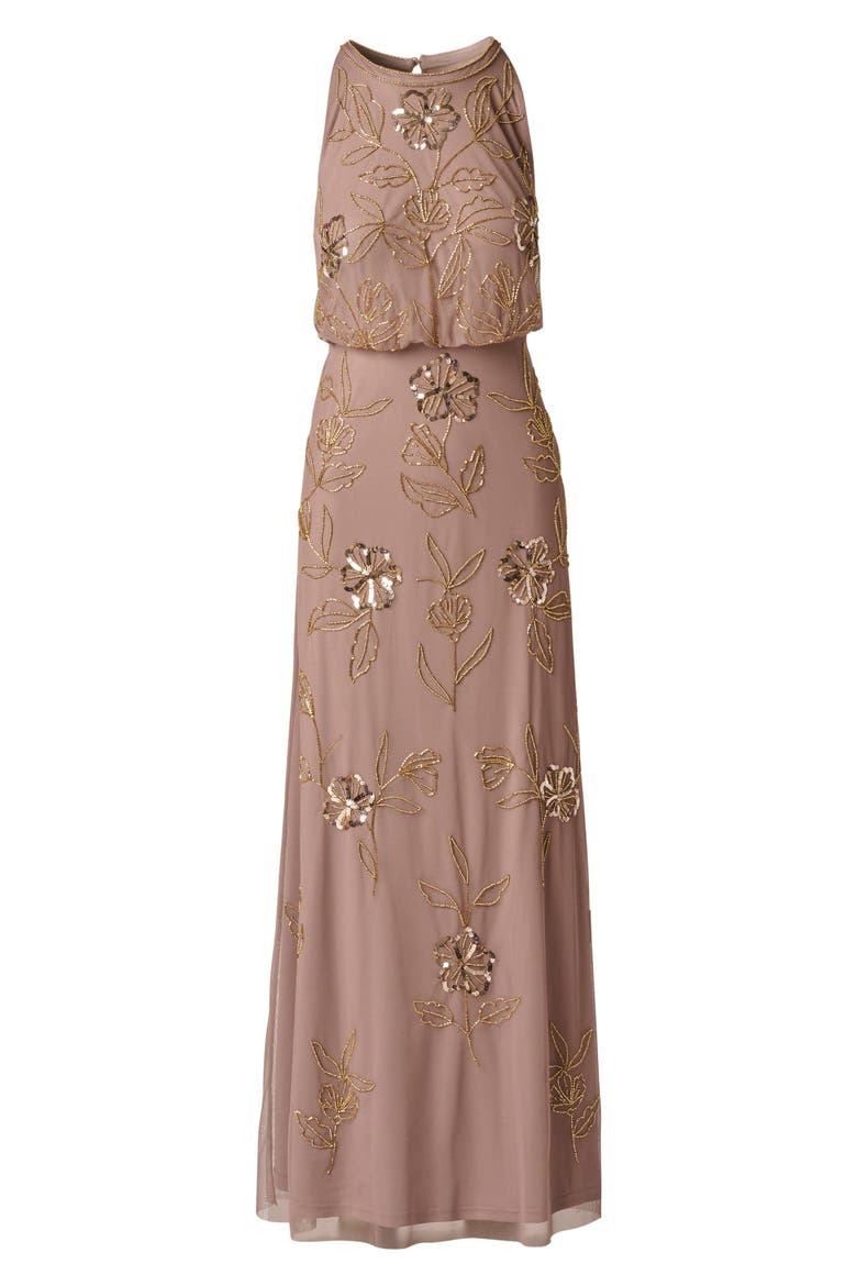 Beaded Floral Sleeveless Blouson Bodice Gown, Alternate, color, STONE