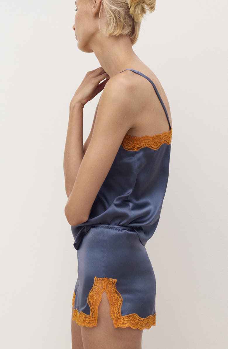 MANGO Contrast Lace Trim Stretch Silk Pajama Shorts, Alternate, color, Ink Blue