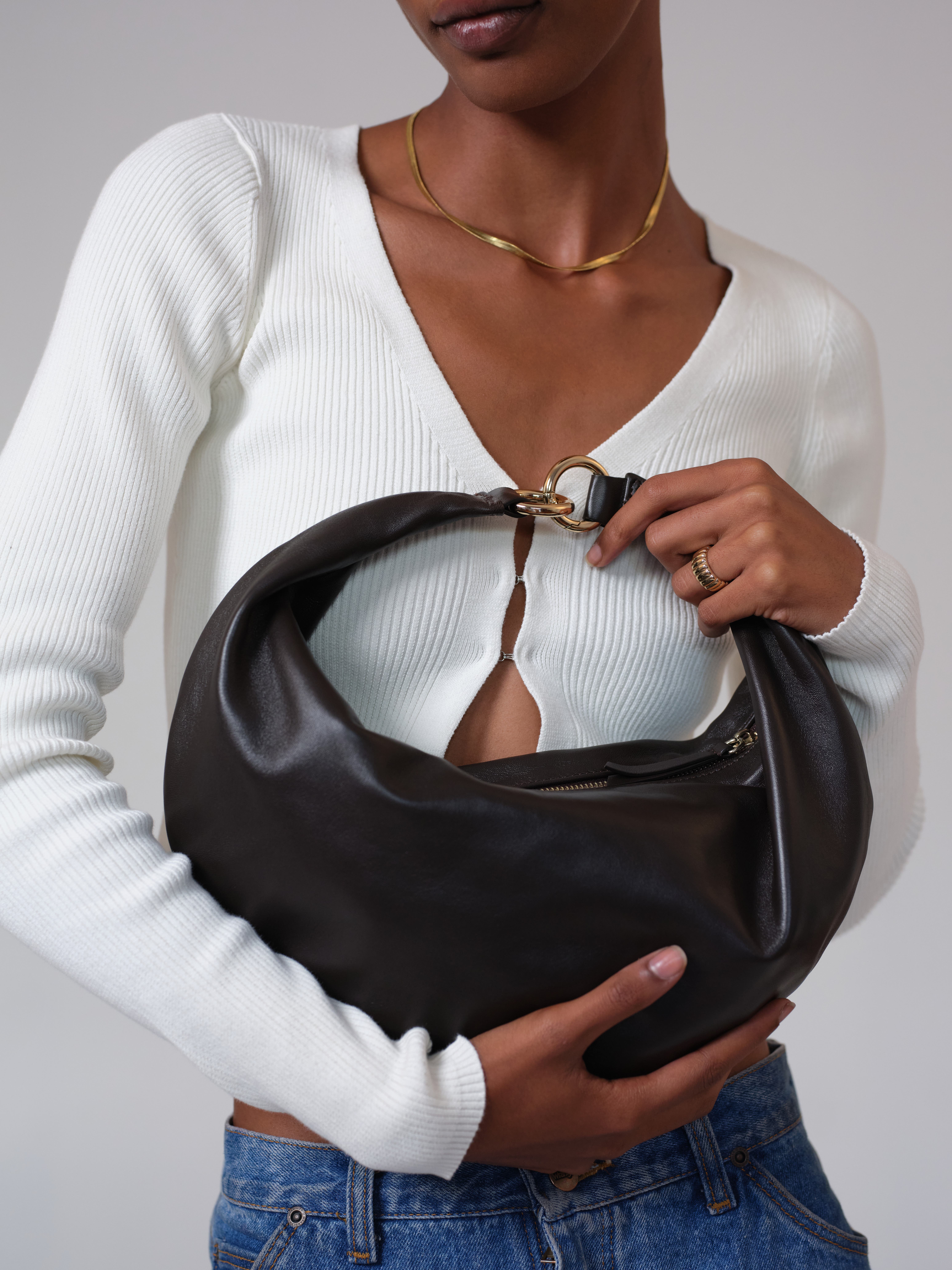 HYER GOODS Leather Convertible Hobo Crescent Ring Bag, Alternate, color, Chocolate