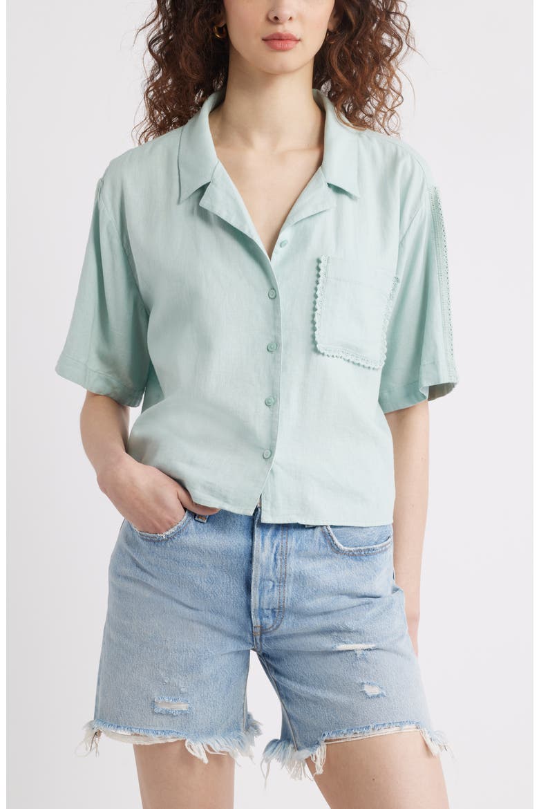 Novelty Linen Blend Camp Shirt, Main, color, TEAL TIDE