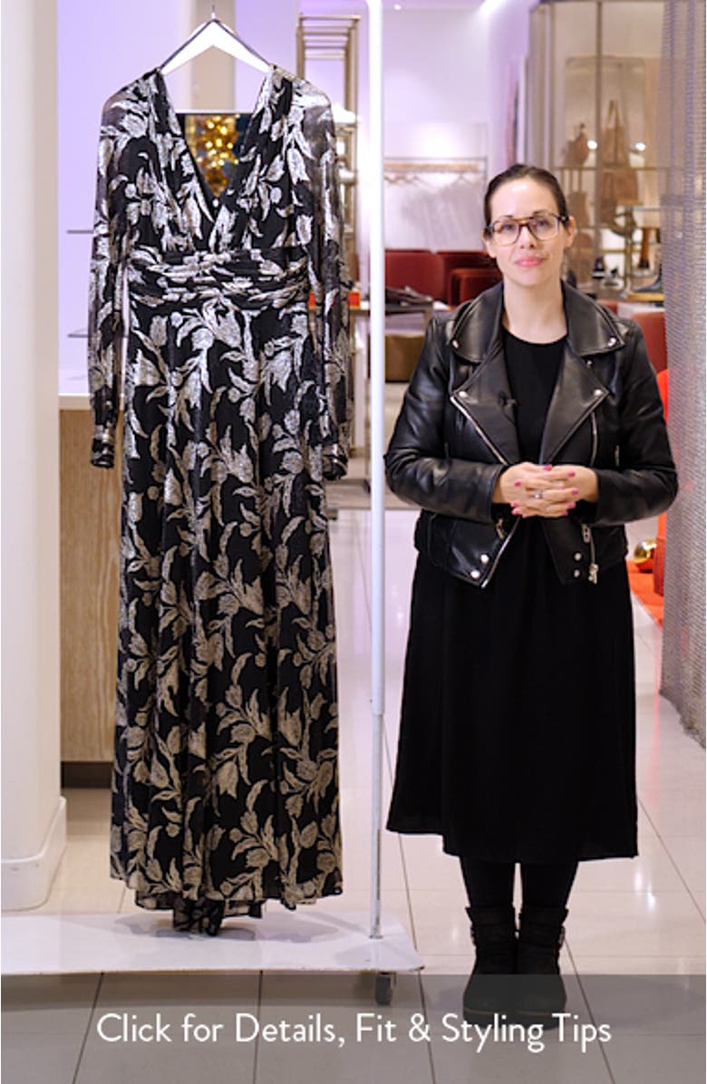 Metallic Floral Long Sleeve Crinkle Mesh Gown, sales video thumbnail