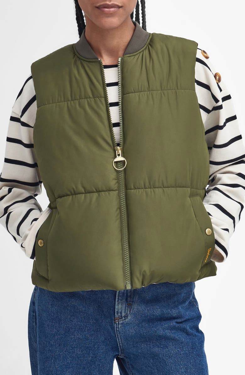 Barbour Fay Puffer Vest, Main, color, Dark Moss/ Sand/ Pink