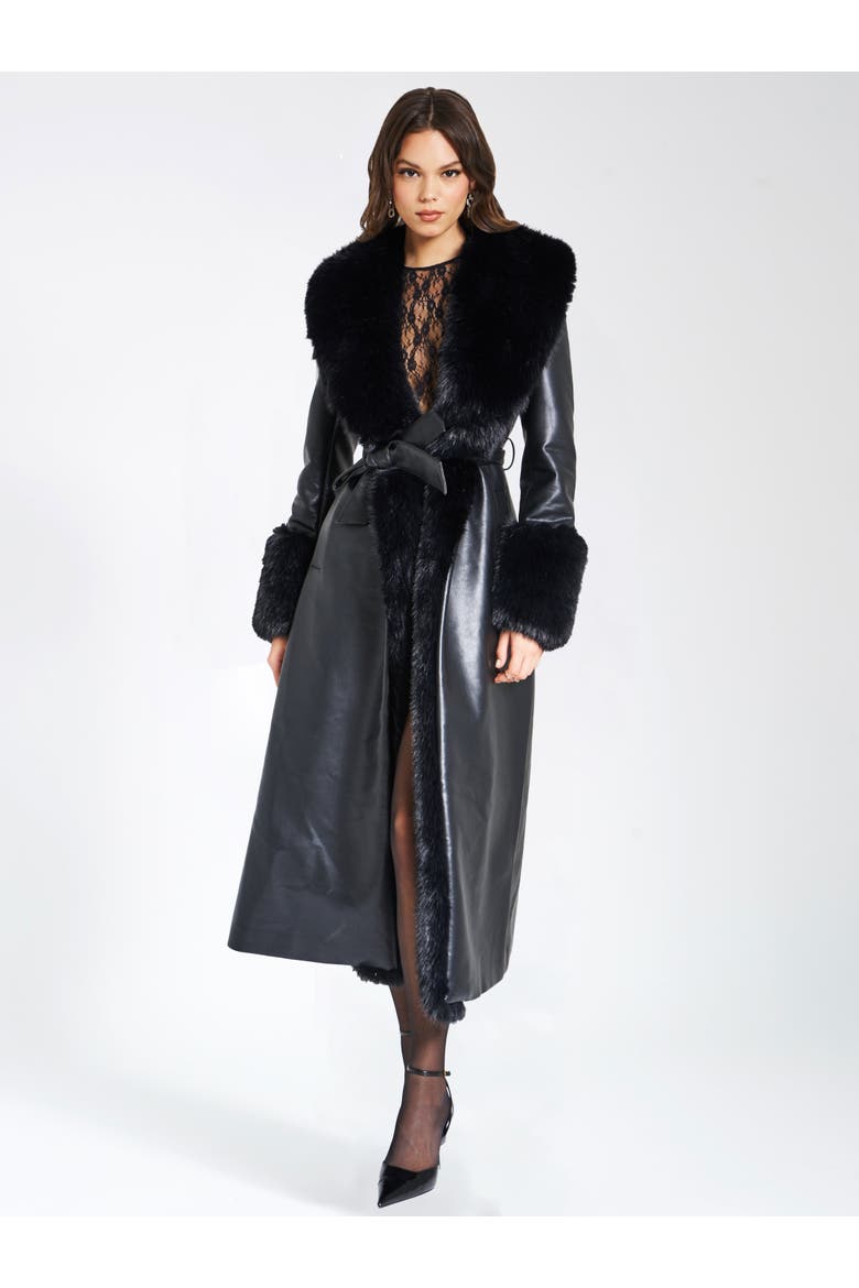 Zaida Full-Length Vegan Leather Fur Trim Coat, Alternate, color, Black