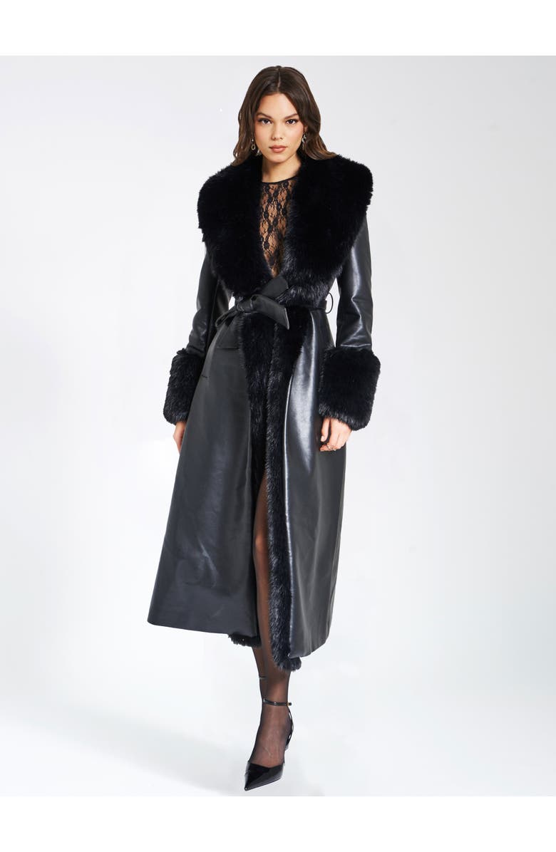Miss Circle Zaida Full-Length Vegan Leather Fur Trim Coat, Alternate, color, Black