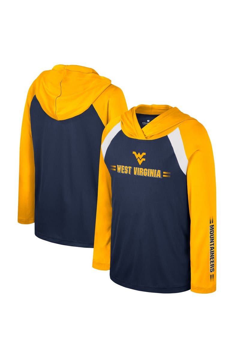 COLOSSEUM Youth Colosseum Navy West Virginia Mountaineers Eddie Multi-Hit Raglan Long Sleeve Hoodie T-Shirt, Main, color, 