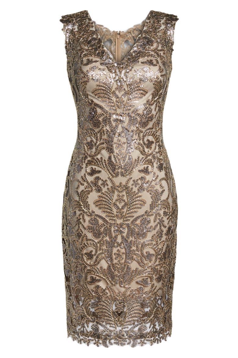 Sequin & Lace Sheath Dress, Alternate, color, COPPER SHADOW
