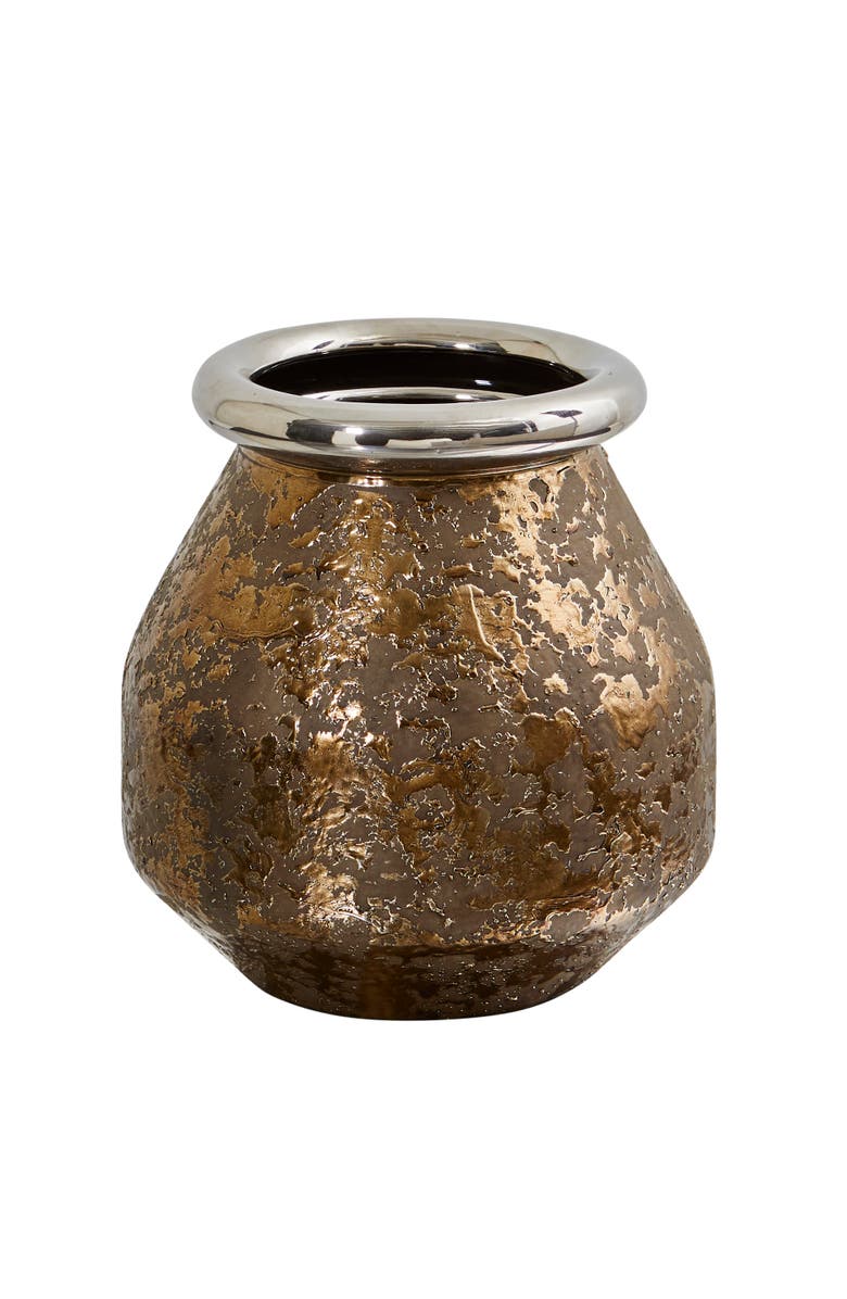 NEARLY NATURAL 9.5-in Textured Bronze Vase with Silver Rim, Main, color, Copper
