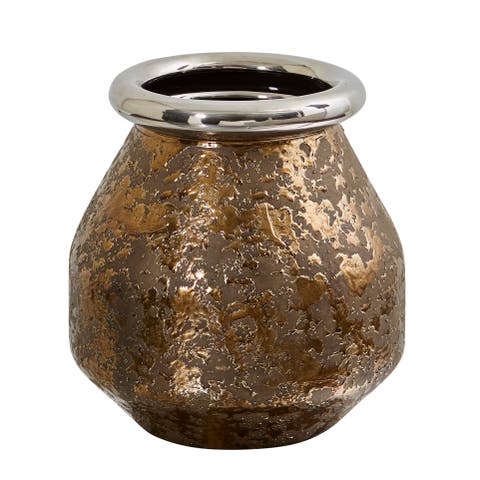 9.5-in Textured Bronze Vase with Silver Rim