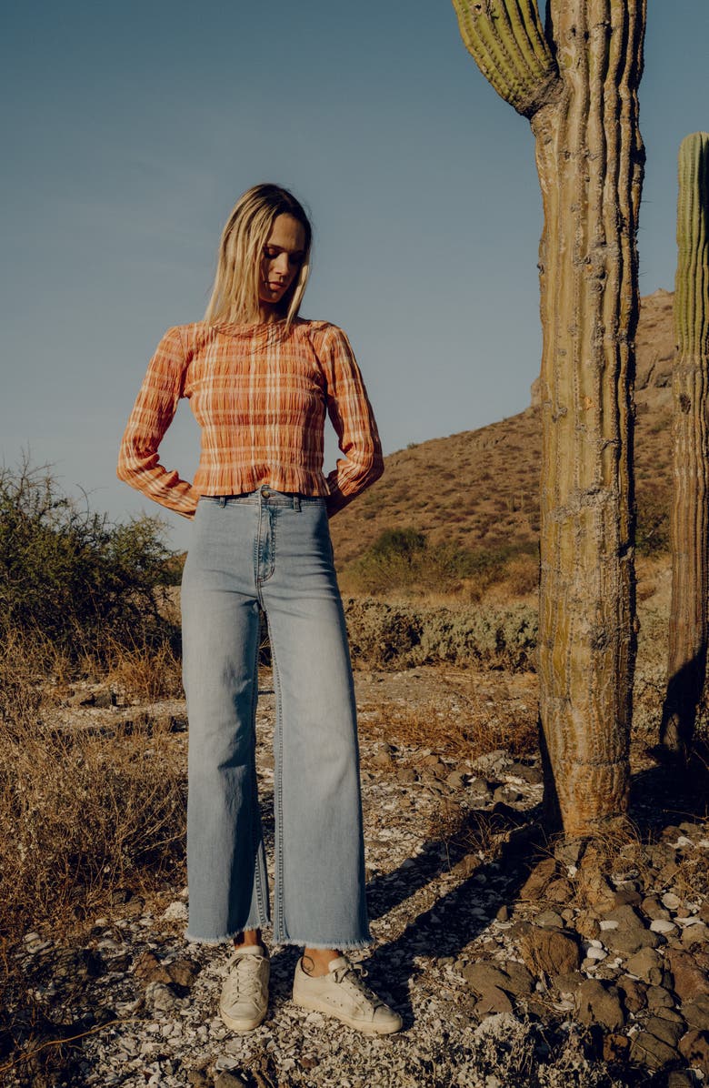 Billabong Check Me Out Plaid Smocked Crop Stretch Cotton Top, Alternate, color, Sunburnt