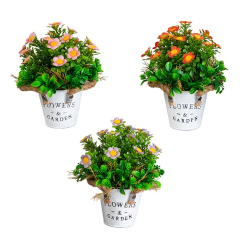 8-in Artificial Daisy Plant in Rustic Flowers & Garden Planter - Set of 3