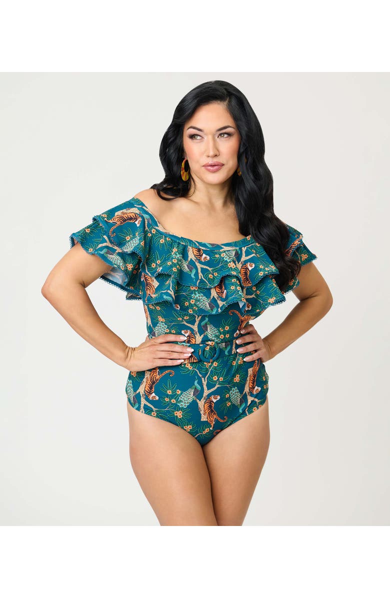 Unique Vintage Off Shoulder Nantucket Swimsuit, Main, color, Teal Tiger Print