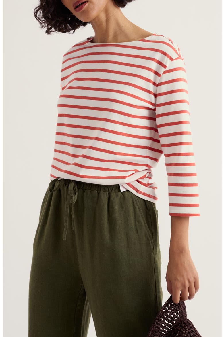 Sailor Stripe Three Quarter Sleeve Organic Cotton T-Shirt, Main, color, BRETON CARNELIAN