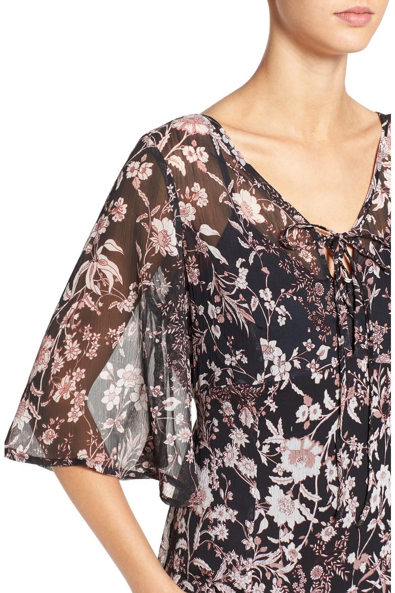 Floral Print Sheer Maxi Dress, Alternate, color, BLACK/ TAUPE