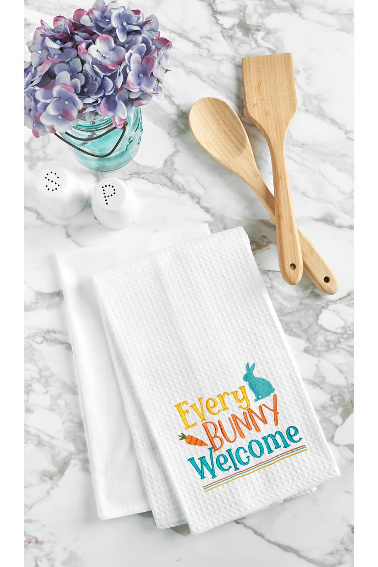 "Every Bunny Welcome" Easter Rabbit Spring Theme Kitchen Dishtowel, Alternate, color, White