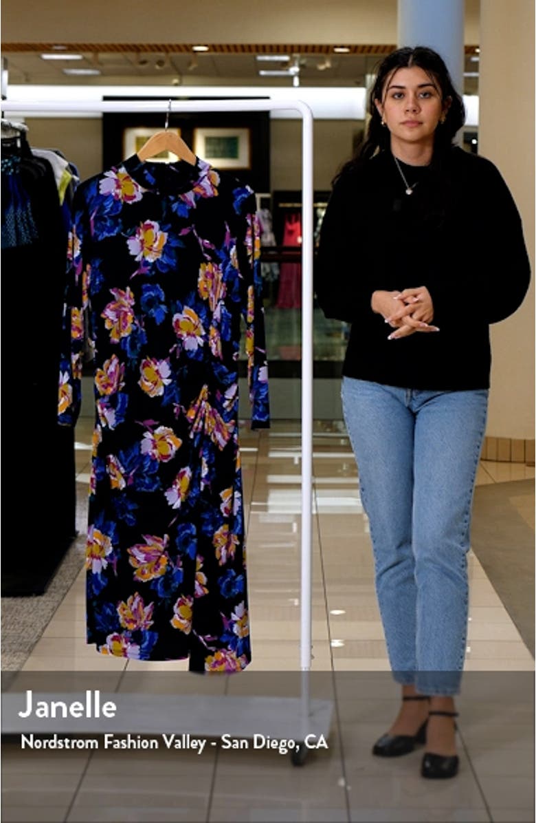 Floral Print Ruched Mock Neck Long Sleeve Dress, sales video thumbnail