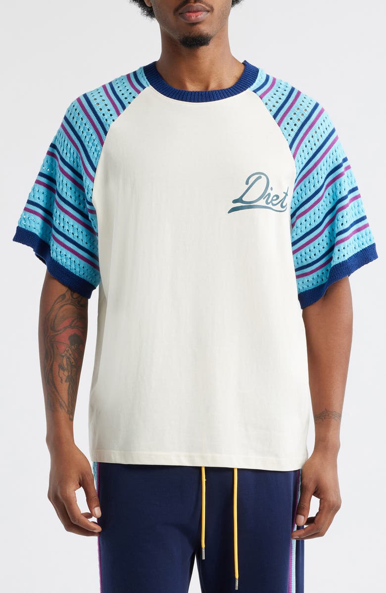 DIET STARTS MONDAY Knit Sleeve Cotton Graphic T-Shirt, Main, color, Cream/ Blue