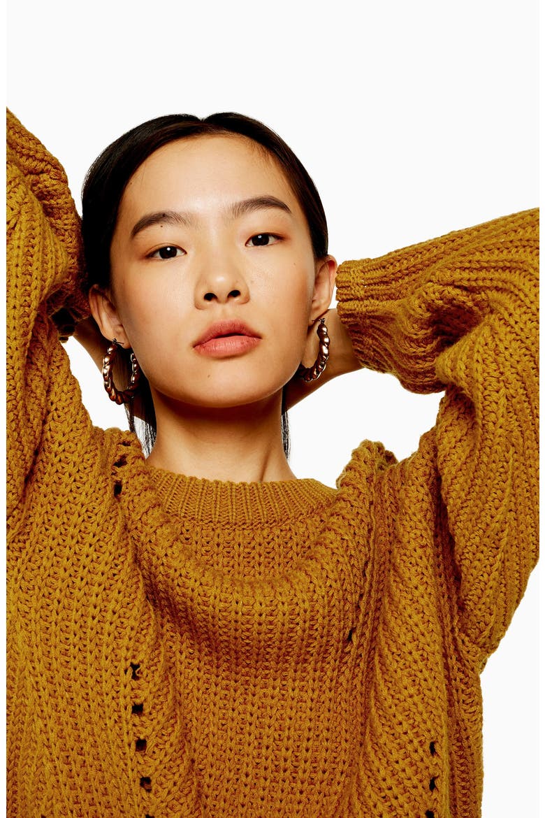 Chunky Pointelle Sweater, Alternate, color, BROWN