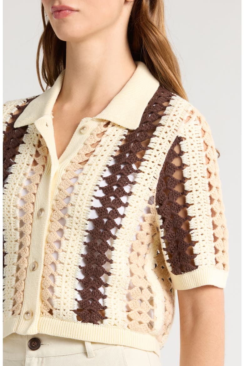 Roni Collar Crochet Cardigan, Alternate, color, CREAM/ BROWN
