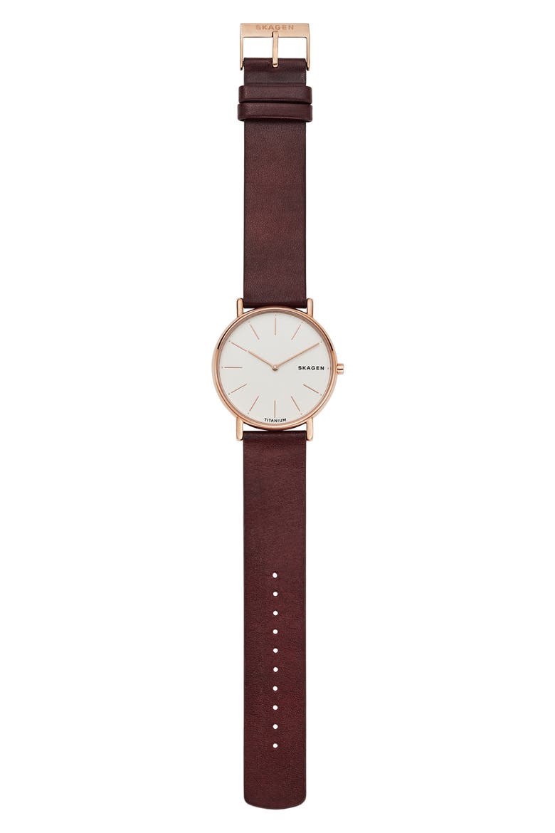 Signatur Leather Strap Watch, 40mm, Alternate, color, RED/ WHITE/ ROSE GOLD