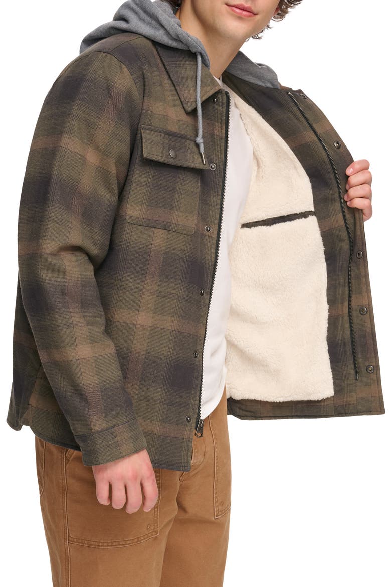 Plaid Faux Shearling Lined Jersey Hood Shirt Jacket, Alternate, color, RED OMBRE