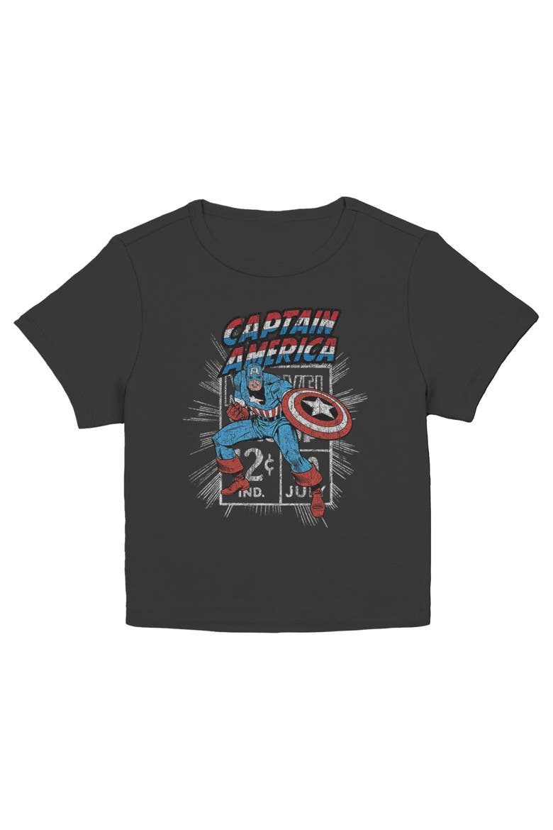 Junior's Captain Comic Stamp Short Sleeve Baby T-Shirt, Main, color, Black