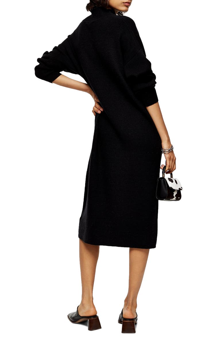 Ribbed Long Sleeve Funnel Neck Midi Sweater Dress, Alternate, color, BLACK