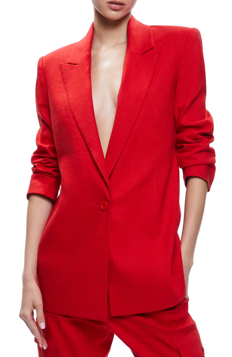 Alice + Olivia Johanna Strong Shoulder Linen Blend Blazer, Main, color, 