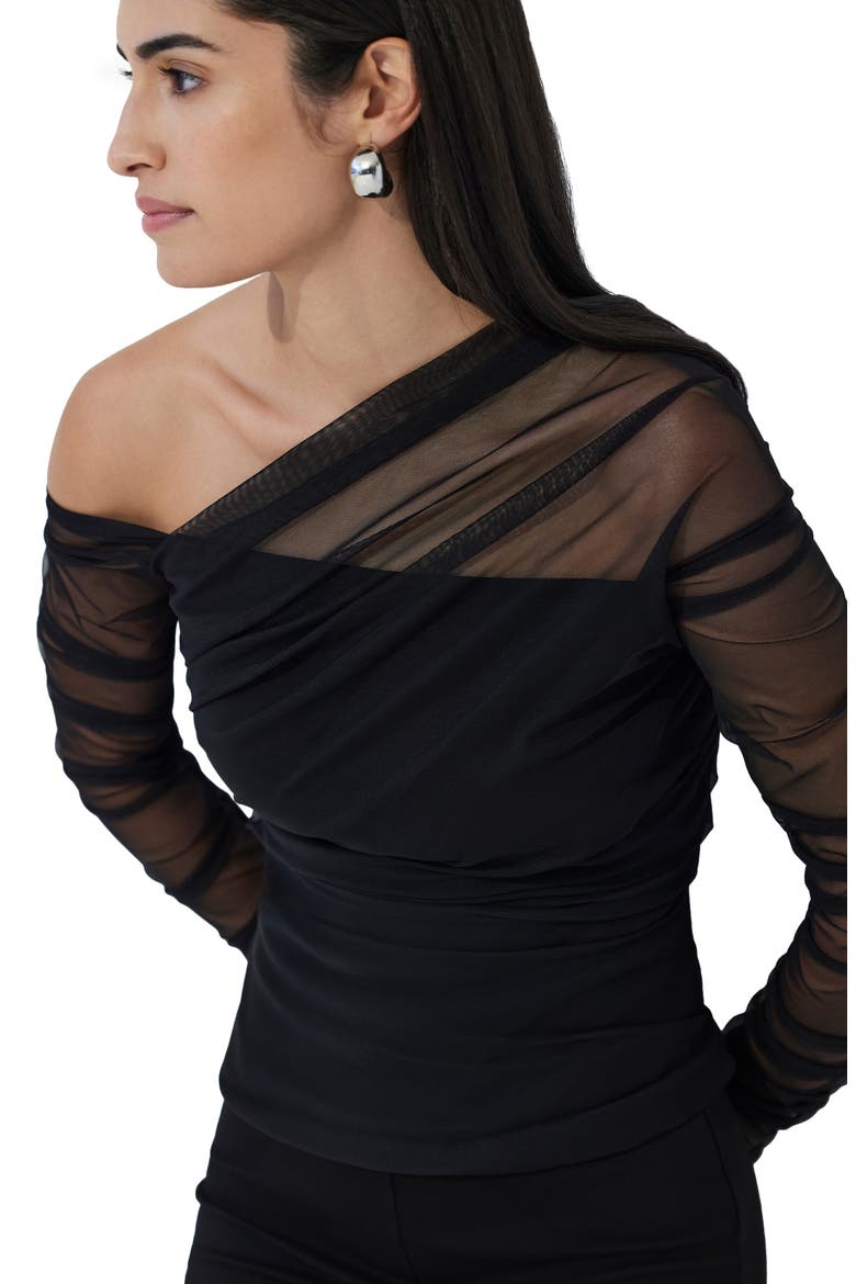 Monroe One-Shoulder Mesh Overlay Top, Alternate, color, BLACK