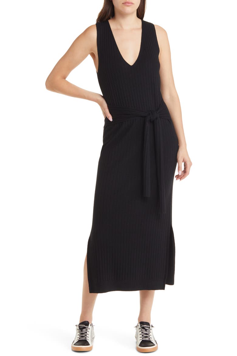 Tie Waist Sleeveless Rib Sweater Dress, Main, color, BLACK