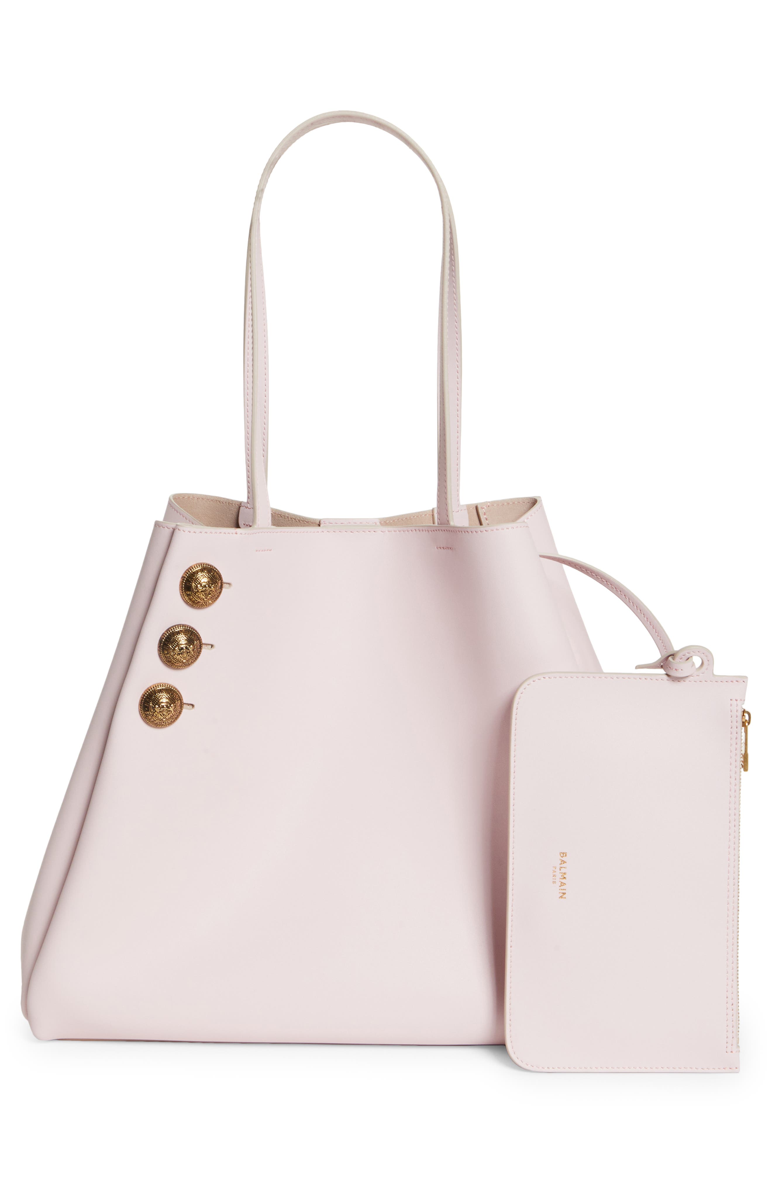 Balmain Emblem Crest Button Calfskin Shopper, Alternate, color, 4Ak Pale Pink