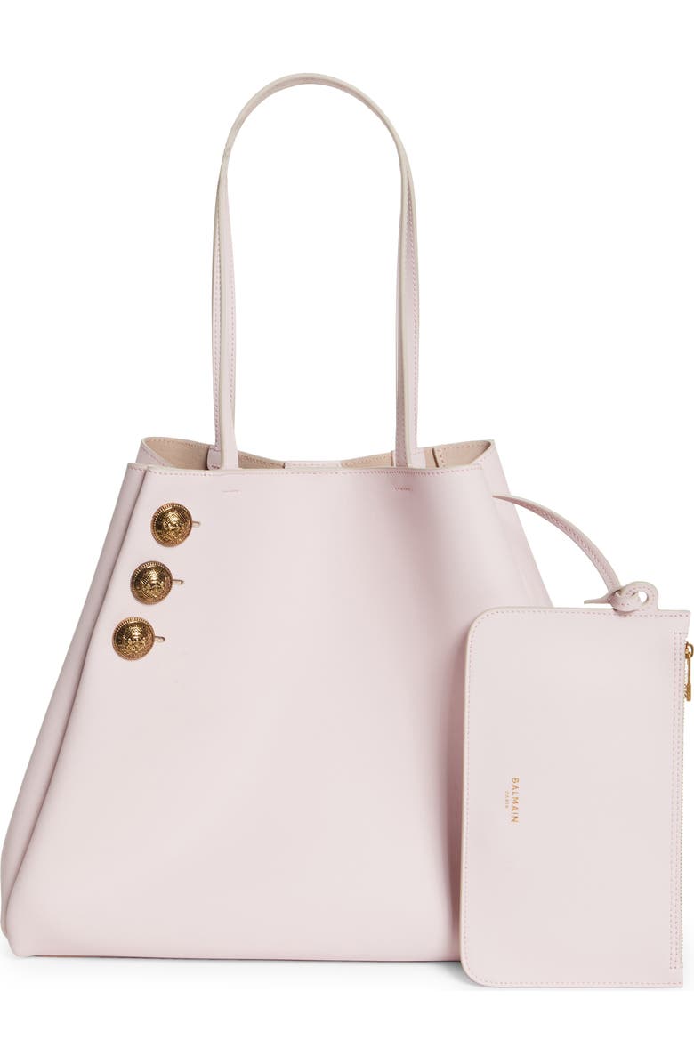 Balmain Emblem Crest Button Calfskin Shopper, Alternate, color, 4Ak Pale Pink