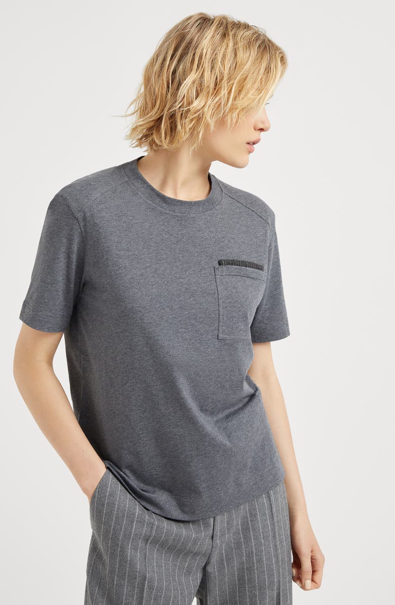 Brunello Cucinelli Cotton jersey T-shirt with shiny ribbed detail, Alternate, color, 