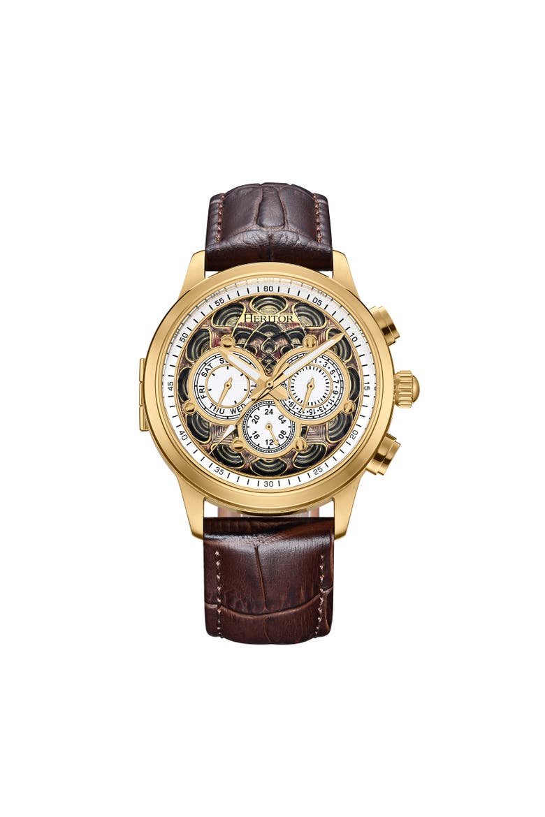 Apostle Leather-Band Watch w/ Day/Date, Main, color, Gold/Brown