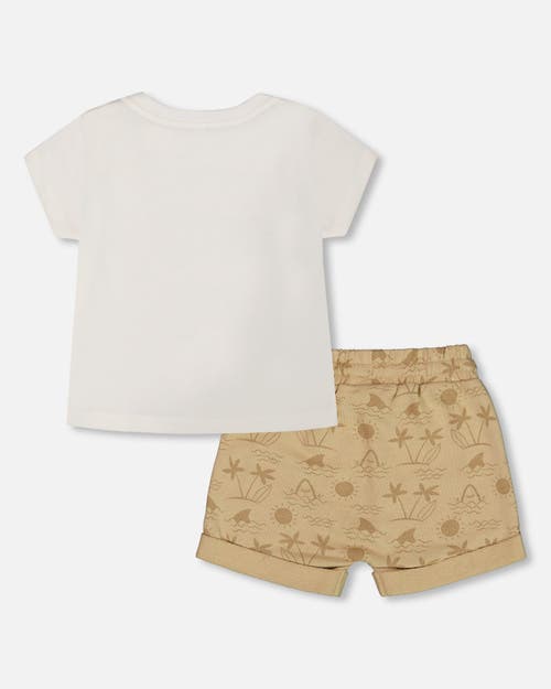 DEUX PAR DEUX DEUX PAR DEUX LITTLE BOY'S SHORT SLEEVE TOP AND FRENCH TERRY SHORT SET BEIGE WITH PALM TREES AND BLU