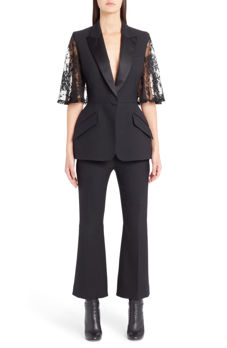 McQueen Alexander McQueen Lace Cape Wool & Silk Blend Blazer, Alternate, color,