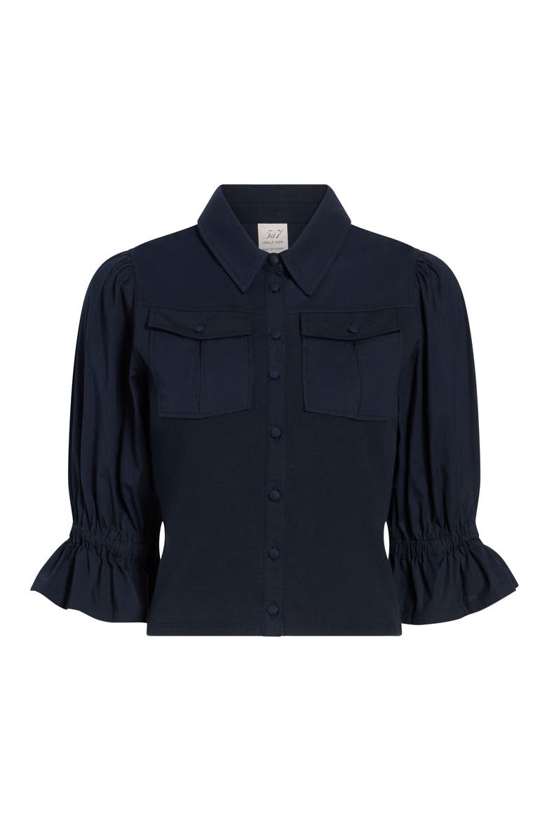 Lyric Mixed Media Stretch Cotton Button-Up Shirt, Alternate, color, NAVY