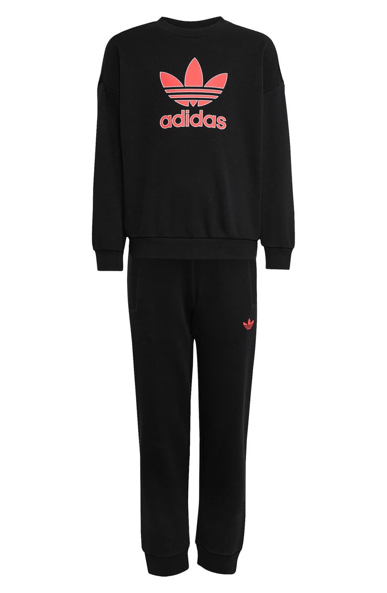 adidas Kids' Trefoil Crewneck Sweatshirt & Joggers Set, Main, color, Black