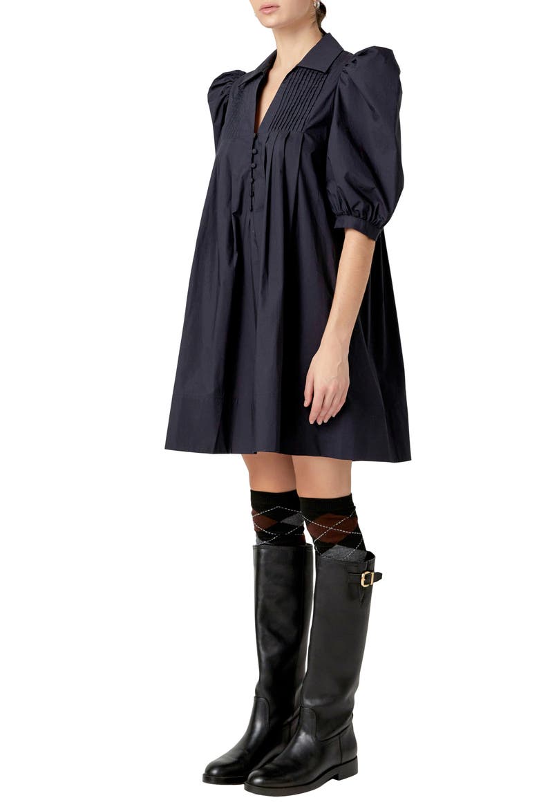 Pintuck Collar Puff Shoulder Minidress, Alternate, color, NAVY