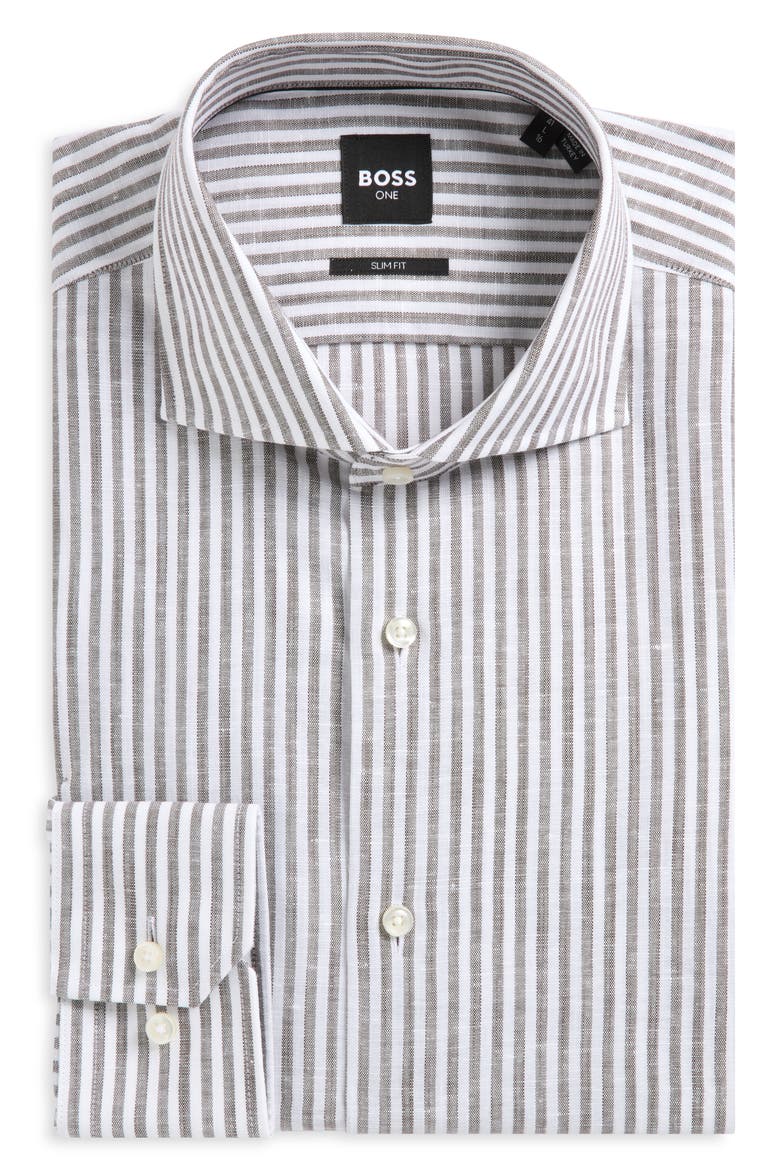 Hank Slim Fit Linen & Cotton Dress Shirt, Main, color, DARK BROWN