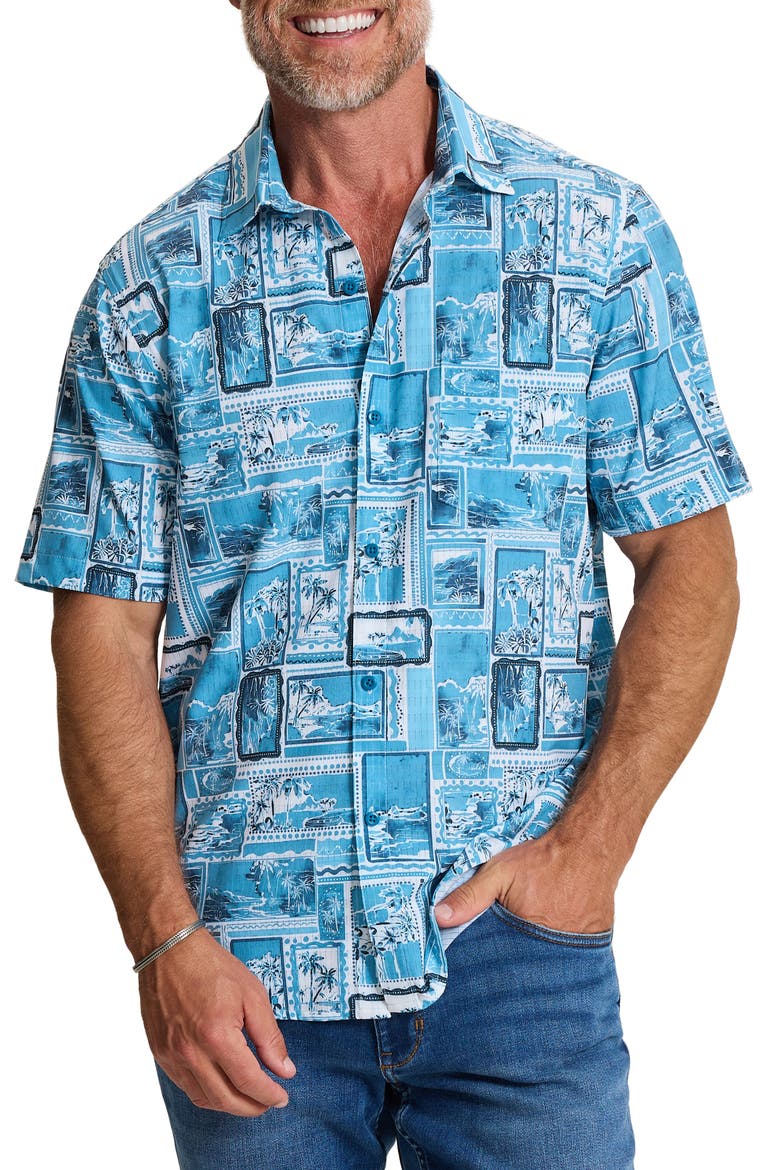 Bahama Coast Lagoon Vista Button Up Shirt, Main, color, INDIGO TIDE