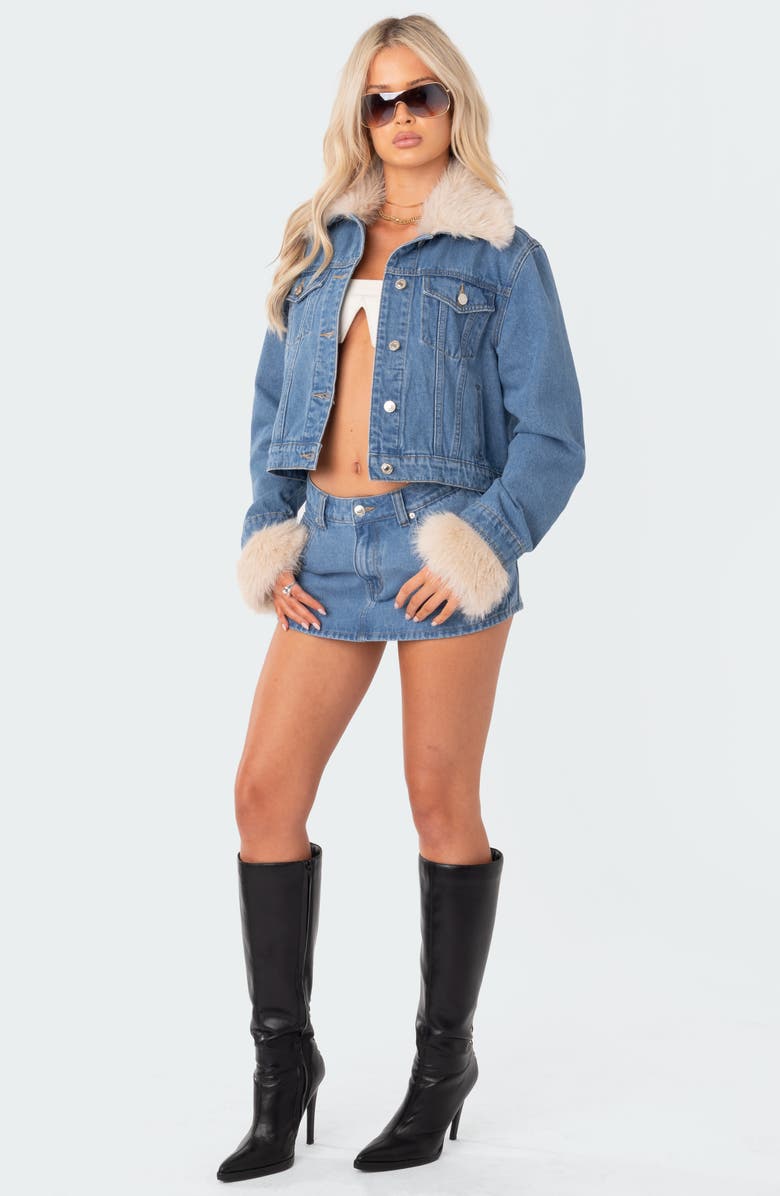 EDIKTED Drew Faux Fur Trim Denim Jacket, Alternate, color, 