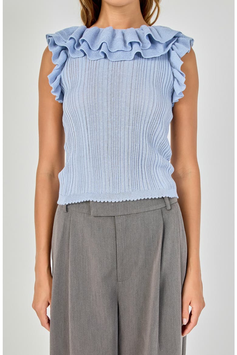 Ruffle Trim Pleated Knit Top, Alternate, color, DUSTY BLUE