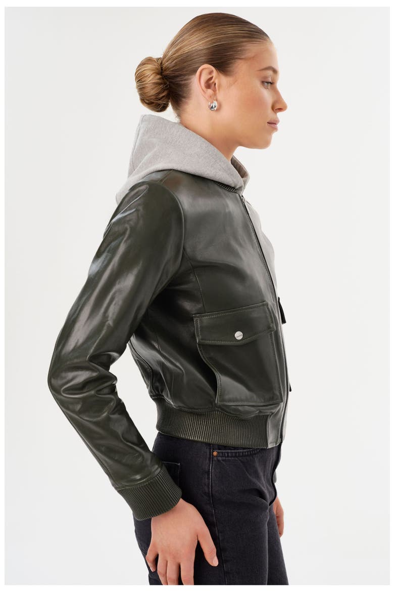 CANDACE | Leather Bomber Jacket, Alternate, color, Dark Olive/Heather Grey
