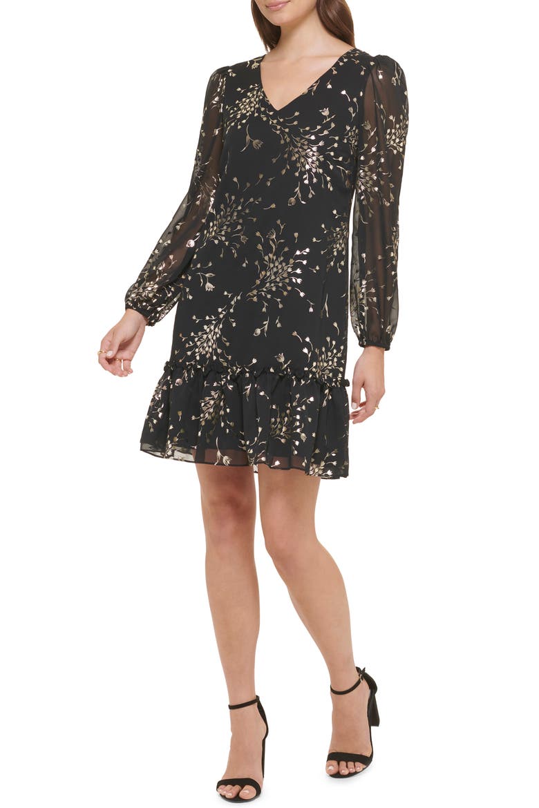 Foil Print Long Sleeve Dress, Alternate, color, BLACK / GOLD